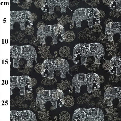 Cotton Fabric - Black Paisley Mandala Elephant Print Craft Fabric Material Metre