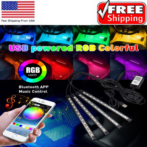 4pcs LED RGB Car Interior USB Atmosphere Strip Light Music Bluetooth APP Control