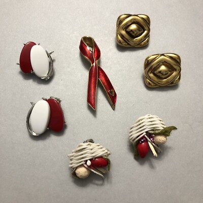 Vintage Estate Earrings Lot:  Japan  Baskets, Red/White & Gold Tone Clip (72E)