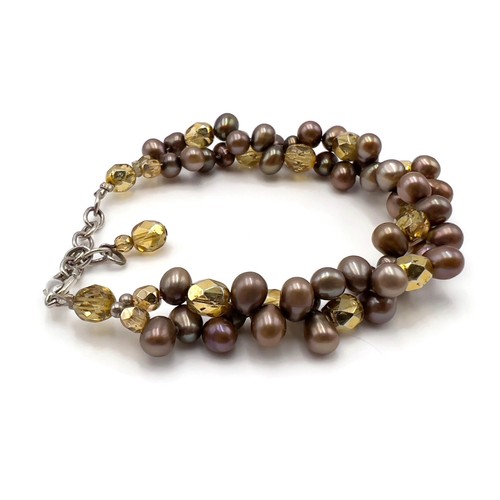 Brown Pearl Gold Dipped Crystal Beaded Fashion Bracelet 7 in Lobster Clasp - Picture 4 of 12