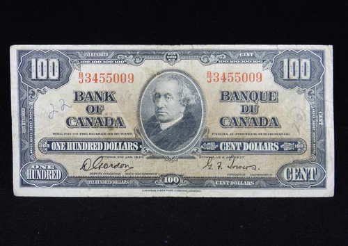 1937 $100 Dollars Bank of Canada Banknote Macdonald B/J 3455009 Gordon Towers VG