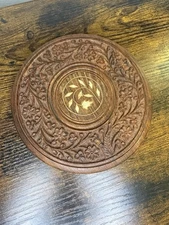 Vtg Hand-carved Wooden Trivet Flowers Inlay Round Footed 7” India - EUC
