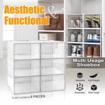 6 Pack Large Stackable Plastic Shoe Box Storage Organizer Transparent Case
