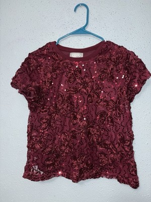 CUPIO Burgundy Floral Sequin Embroidered Mesh Cropped Top S/M Short Sleeve