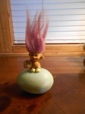 Vintage Mini TROLL Standing on Easter Egg Holding Basket of Eggs w/LAVENDER HAIR