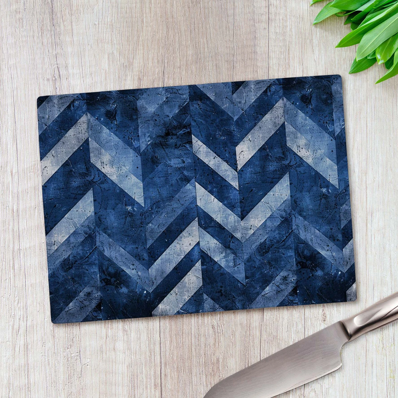 Navy Blue Chevron Pattern Glass Chopping Board Large Kitchen Worktop Saver