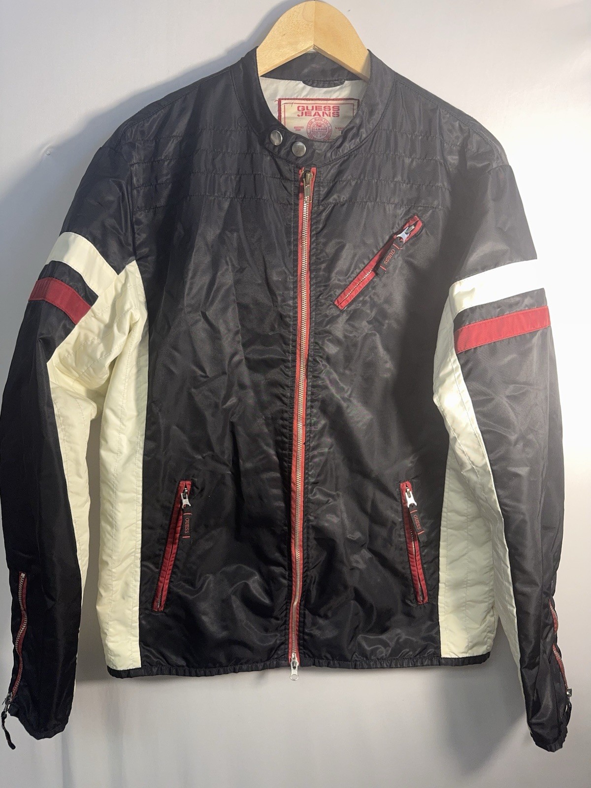 Vintage GUESS Jeans Moto Jacket Womens L Black Red Y2K Racer Biker Streetwear