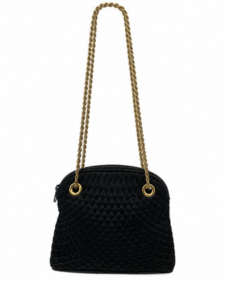Vintage Bally Black Quilted Satin Crossbody Evening Bag Gold Rope Chain Italy