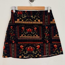H M x Coachella Velvet Floral Patchwork Mini Skirt Front Zip Boho