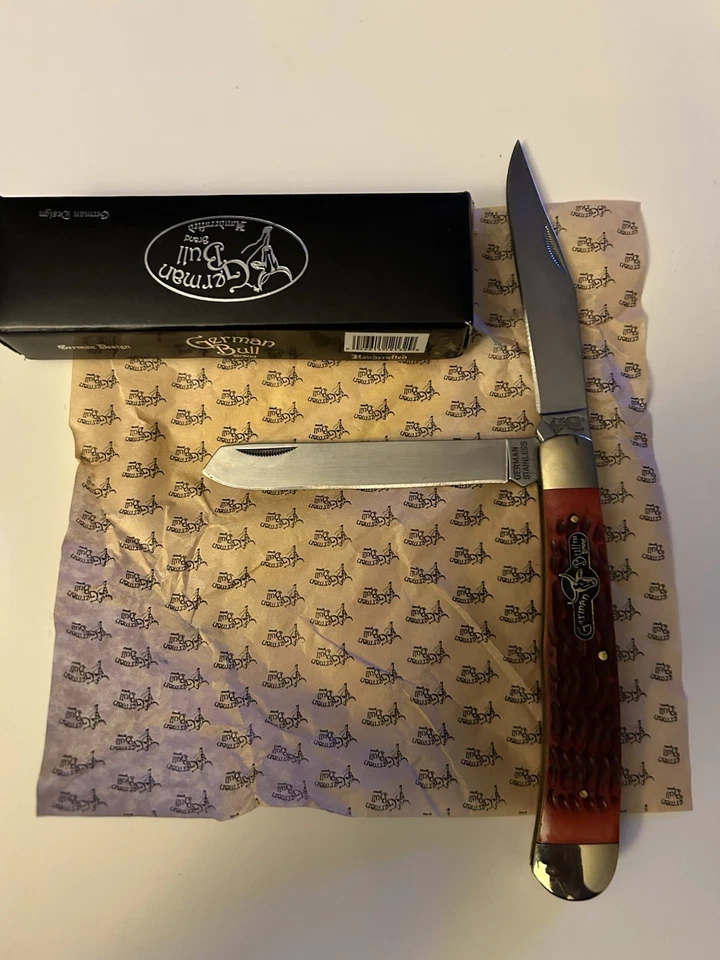 Nuevo CUCHILLO TRAMPERO ALEMÁN TORO ACERO INOXIDABLE CIERVO TAMAÑO COMPLETO ROJO 2 hojas trampa  Foto 4 de 4