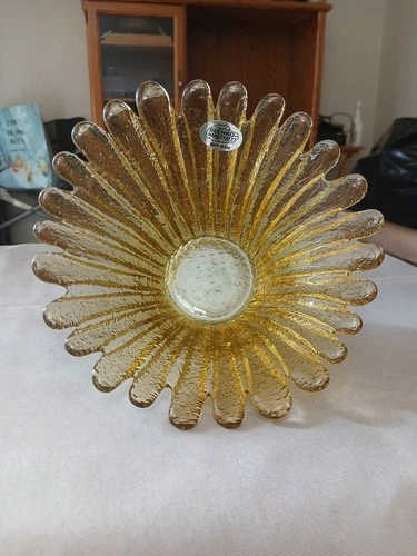 Vintage Blenko Art Glass Petal Bowl Yellow Gold Amber Daisy Sunflower Handcraft