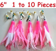 1 to 10 pcs 6" Rigged Tuna Feathers Pink/White Trolling Saltwater Fishing Lures