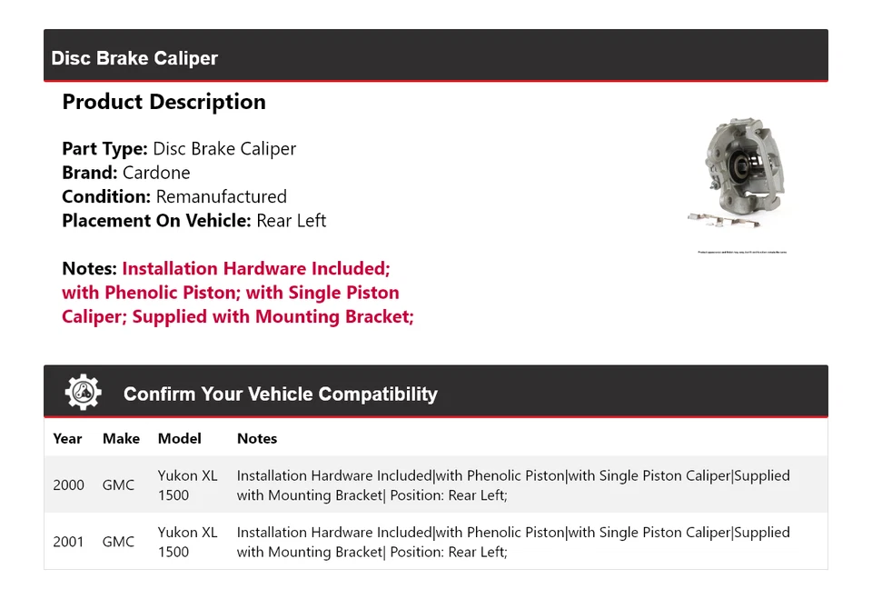 Pinza de freno de disco trasera izquierda Cardone para GMC Yukon XL 1500 2000-2001 Foto 2 de 4