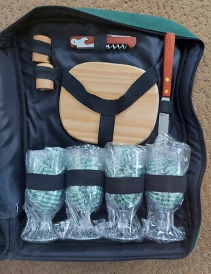 Picnic Backpack for 4, Green backpack Set w/ plates, Glasses 