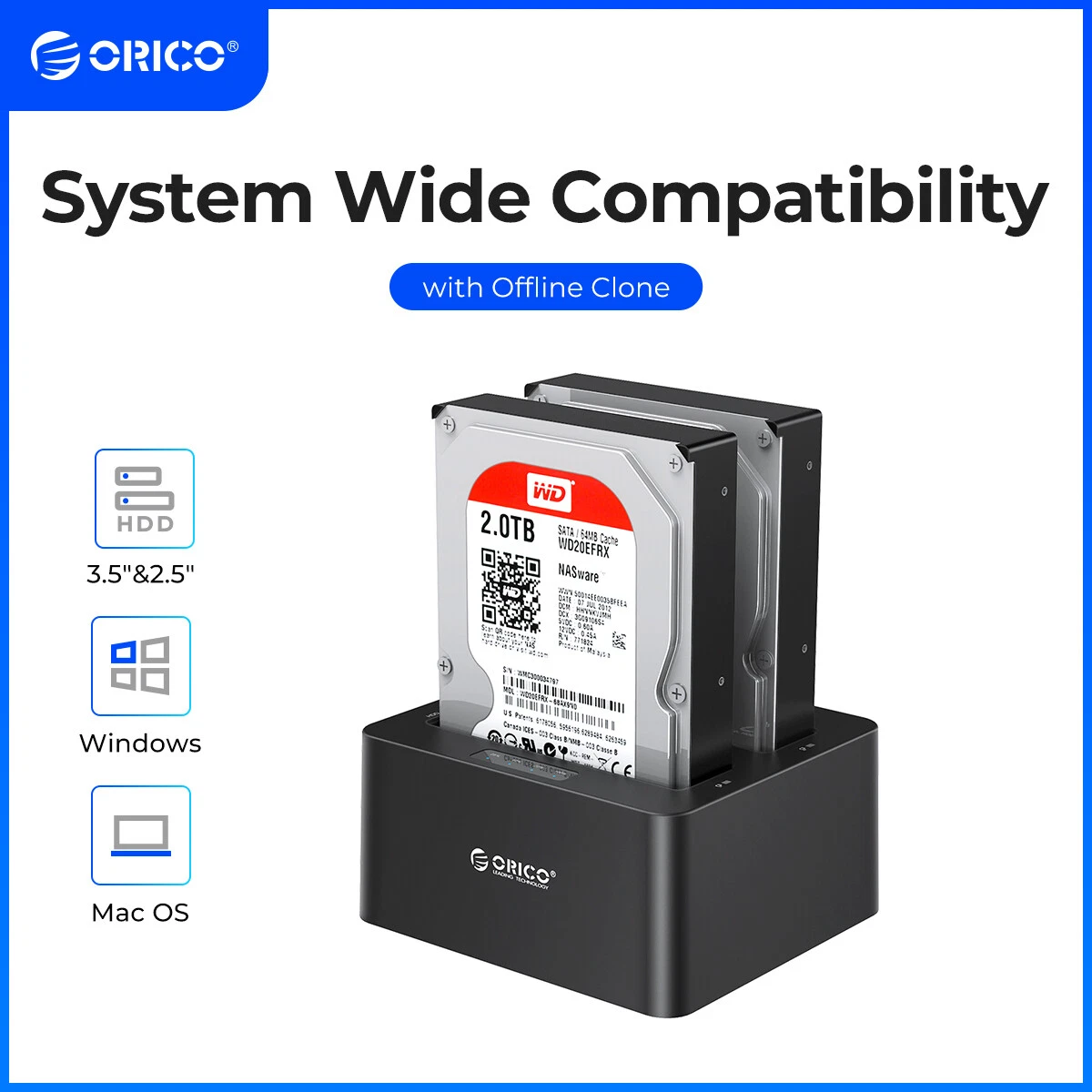 ORICO 2 Bay SATA Hard Drive Docking Station for 2.5 3.5