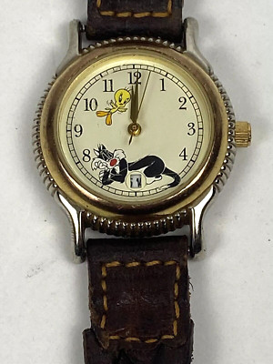 WARNER BROTHERS TWEETY & SYLVESTER FOSSIL LADIES BROWN LEATHER BAND NEW BATTERY