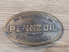 Pennzoil Safe Lubrication Oval Brass Belt Buckle by Lewis Chicago USA Vintage