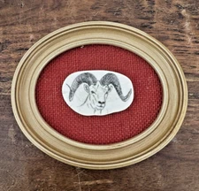 Etching on Stone Bighorn Ram Sheep on Red Fabric in Gold Oval Frame 6.5"x5.5"