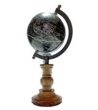 World Desk Globe 12" Black Metal, & Spinning, on Wood Base, Elegant Vintage-Look