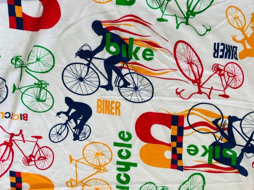 70s VTG Bike Novelty Fabric Bicycle Biker Primary Colors 3 Yds Red Blue Yellow - Picture 2 of 17