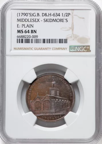 Great Britain - 1790's Middlesex Skidmore's 1/2 Penny Token - NGC MS64 BN