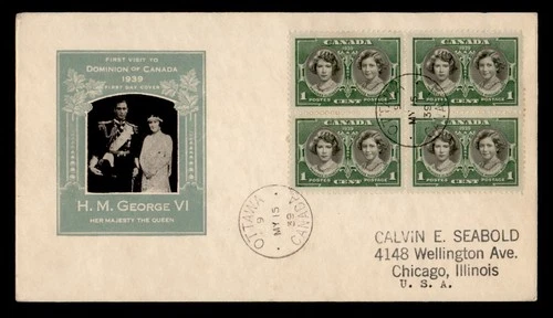 DR WHO 1939 CANADA FDC KGVI ROYAL VISIT IOOR CACHET BLOCK OTTAWA ONT M74797