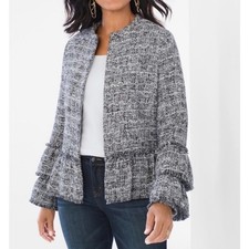 Chicos Women Black White Tweed Ruffle Sleeve Fringe Open Front Blazer Jacket 2 L
