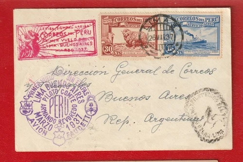 PERU - 1937 FIRST FLIGHT COVER - LIMA to BUENOD AIRES ARGENTONA