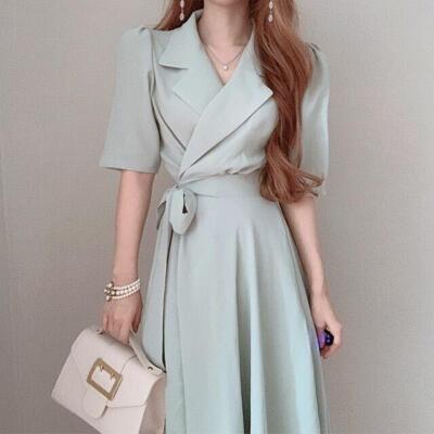 Womens Korean Chic Summer Lace Up Waist Puff Sleeve Long Dress Daily  Business | eBay