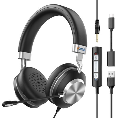 Wantek Wired Headset with Microphone,USB/Type c/3.5mm Jack for PC Laptop,Office
