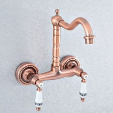 Antique Red Copper Wall Mount Dual Ceramic Handles Bathroom Basin Sink Faucet