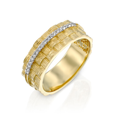 Massiver Gelbgold 14k Handwerk geflochtene Textur Diamant Ring Band mit 0,10ct H/SI