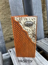 Cowhide and Basketweave Leather Tall Rodeo Wallet with Longhorn Concho