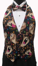 Men's Black Tasmanian Devil Tuxedo Vest and Bow Tie Set Open Back  Adjustable