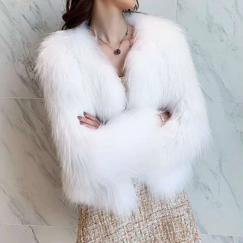 Women Faux Fur Short Coat Warm Plush Outerwear Slim Parka Jacket Winter Furry - Image 3 of 4