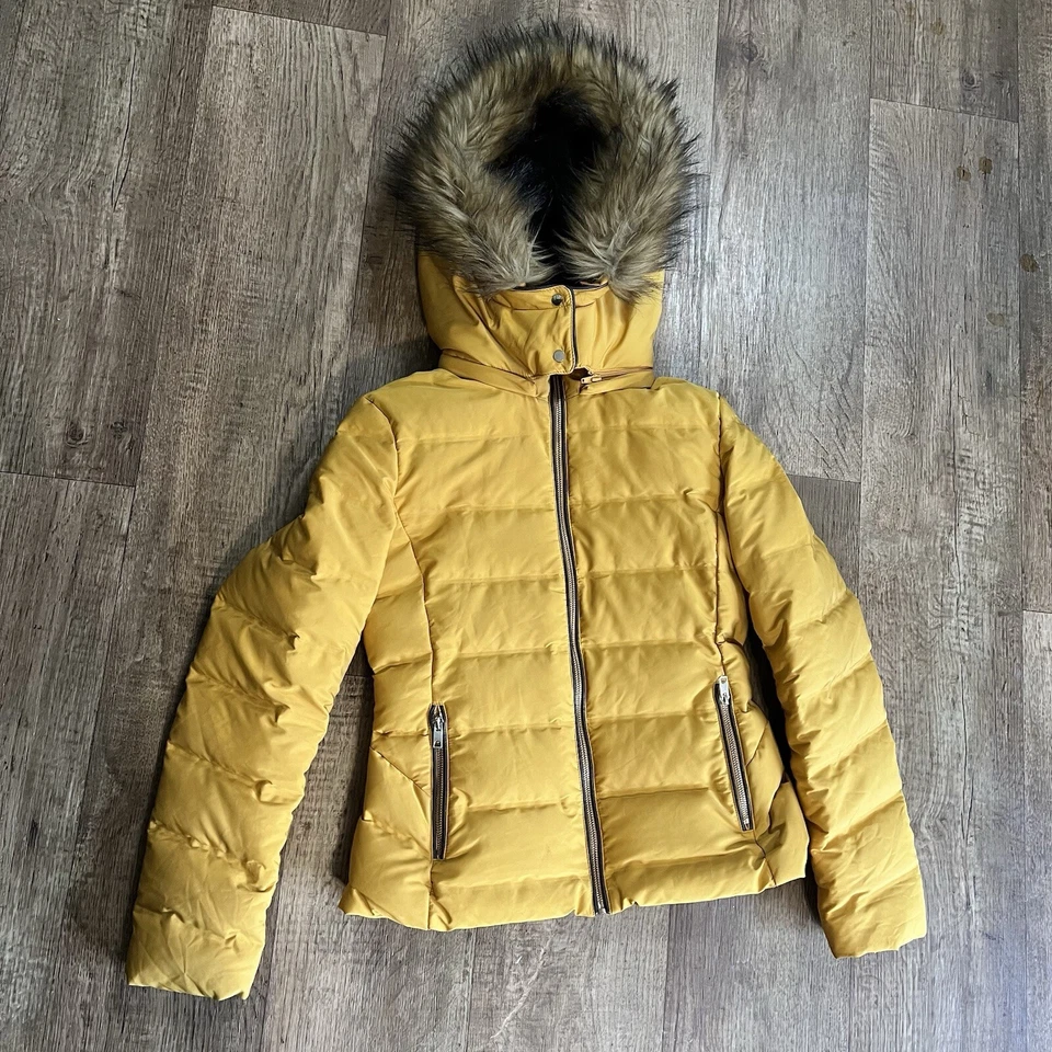 Zara Down Filled Puffer Winter Jacket Mustard Removable Hood Size M Faux Fur - Image 3 of 4
