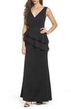 ADRIANNA PAPELL Black Stretch Neoprene Draped Peplum Ruffle V-Neck Maxi Gown 2
