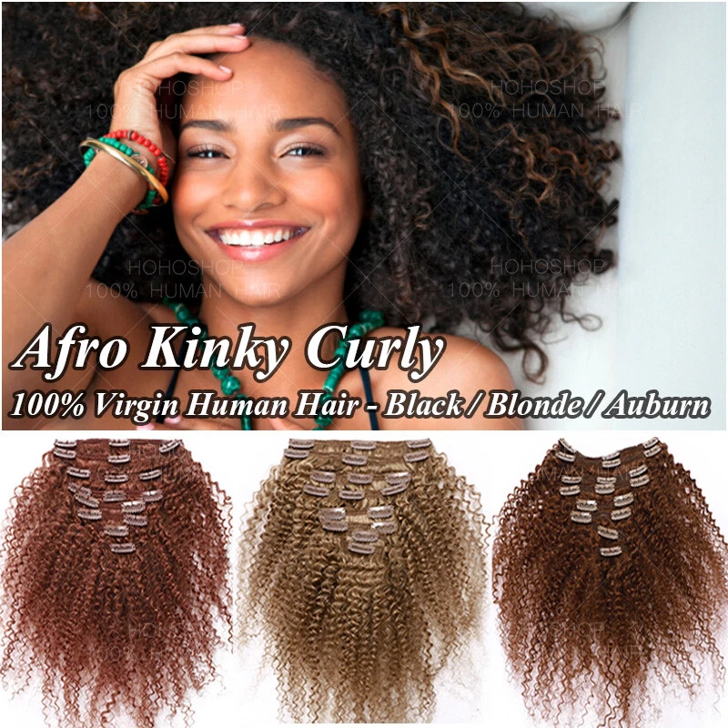 Clip rizado afro rizado grueso cabeza completa en extensiones de cabello humano virgen real negro Foto 2 de 4