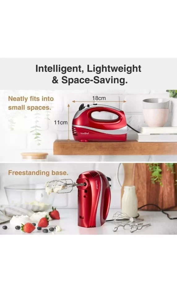 Batidor Eléctrico Batidor de Mano - Mezclador de Alimentos Rojo VonShef para Hornear, 5 Velocidades - 300W Foto 3 de 4