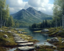 Peaceful Lake Mountains Landscape Oil Painting 20x16 Print On Canvas