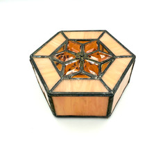 Vintage Clear Lead Peach Stained Glass Hexagonal Jewelry Box Mirrored Interior
