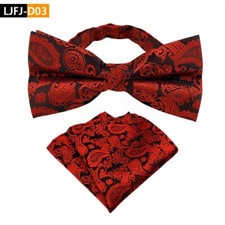 Mens Pre-Tied adjustable Bow Tie Paisley Red Black Bowtie Hanky Wedding Party
