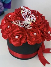 Artificial Red Rose Arrangement in Black Hat Box with Butterfly