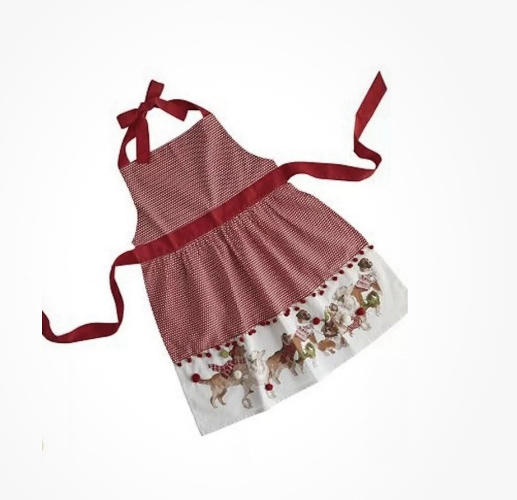 NEW Pier 1 Imports Park Avenue PUPPIES APRON CHRISTMAS DOGS Red/White POLKA DOTS