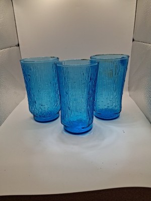 VTG. SET/3 ANCHOR HOCKING PAGODA  BAMBOO LASER BLUE JUICE GLASSES  5'' MCM- E2
