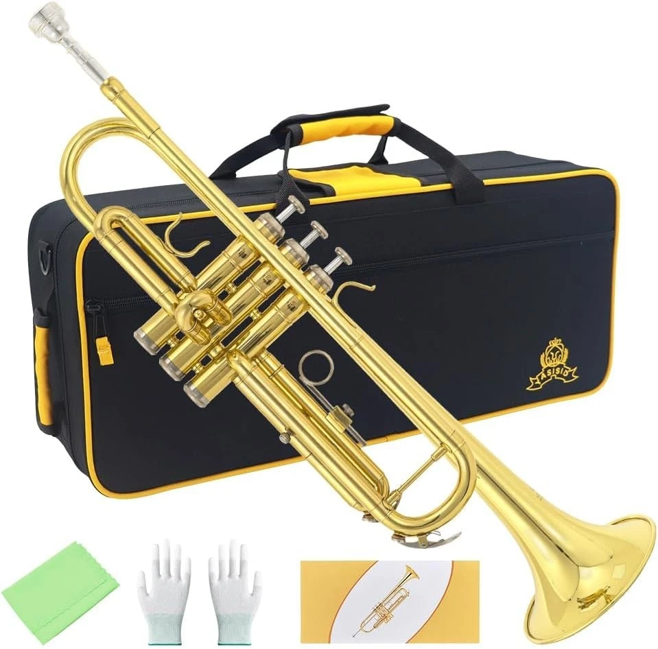 Professional B Flat Brass Trumpet Set with Case and Mouthpiece - Golden Finish - Image 3 of 4