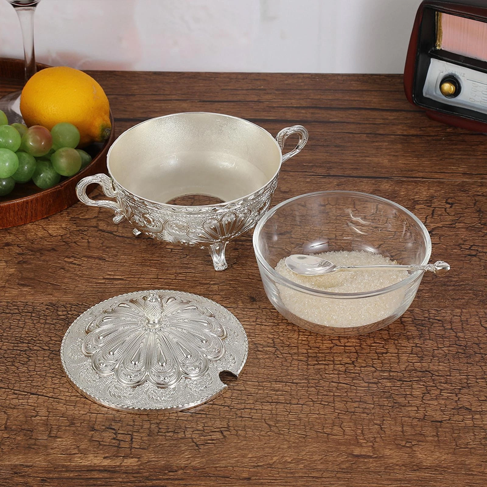 Sugar Bowl with Lid and Spoon Portable Wedding Entertaining Dispenser Holder