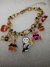 Festive Halloween Charm Bracelet, Goldtone Reaper, Bats,pumpkins Adjustable,