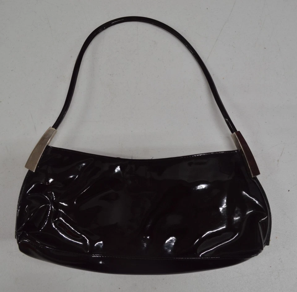 复古黑色漆皮单肩包钱包带银色五金件 — 第 2/4 张图片