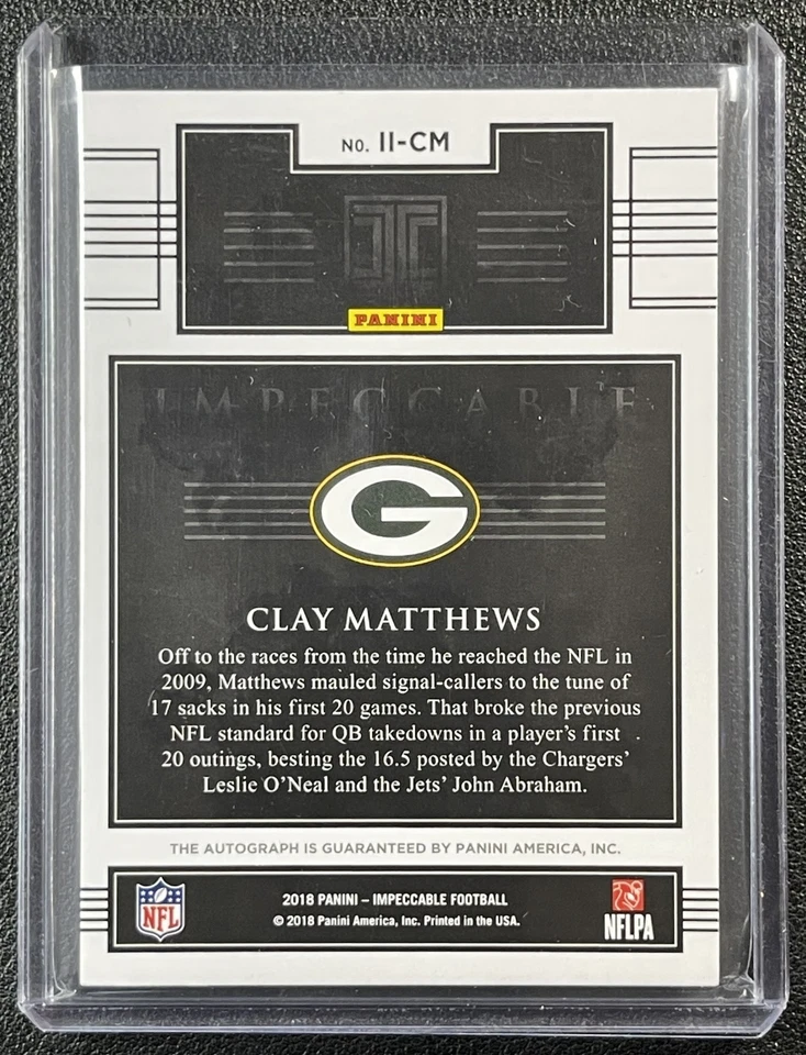CLAY MATTHEWS 2018 PANINI IMPECCABLE INDELIBLE INK PLATINUM AUTO 1/1 PACKERS - Image 2 of 2